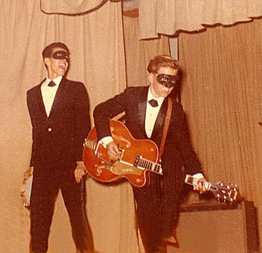 Little Willy G (left) and Bobby Cochran in a photo taken by Cochran’s mother, performing at the first “Battle of the Bands” show in St. Alphonsus Hall at East L.A. College, 1962.
