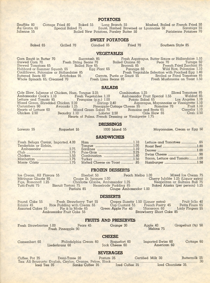 a la carte menu for ambassador hotel