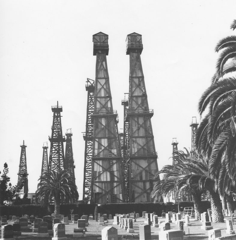 oil derricks by sunnyside cemetery